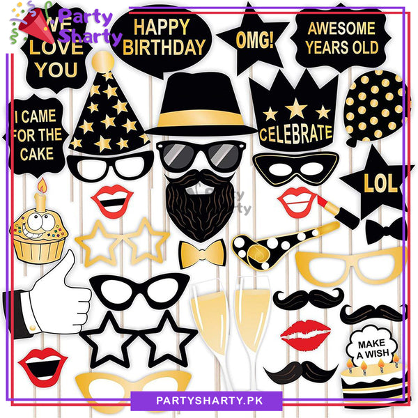 34pcs Set Happy Birthday Golden & Black Theme Photo Booth Props For Bi 