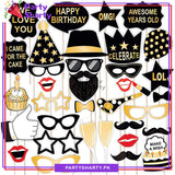 34pcs/Set Happy Birthday Golden & Black Theme Photo Booth Props For Birthday Party Celebration and Decoration