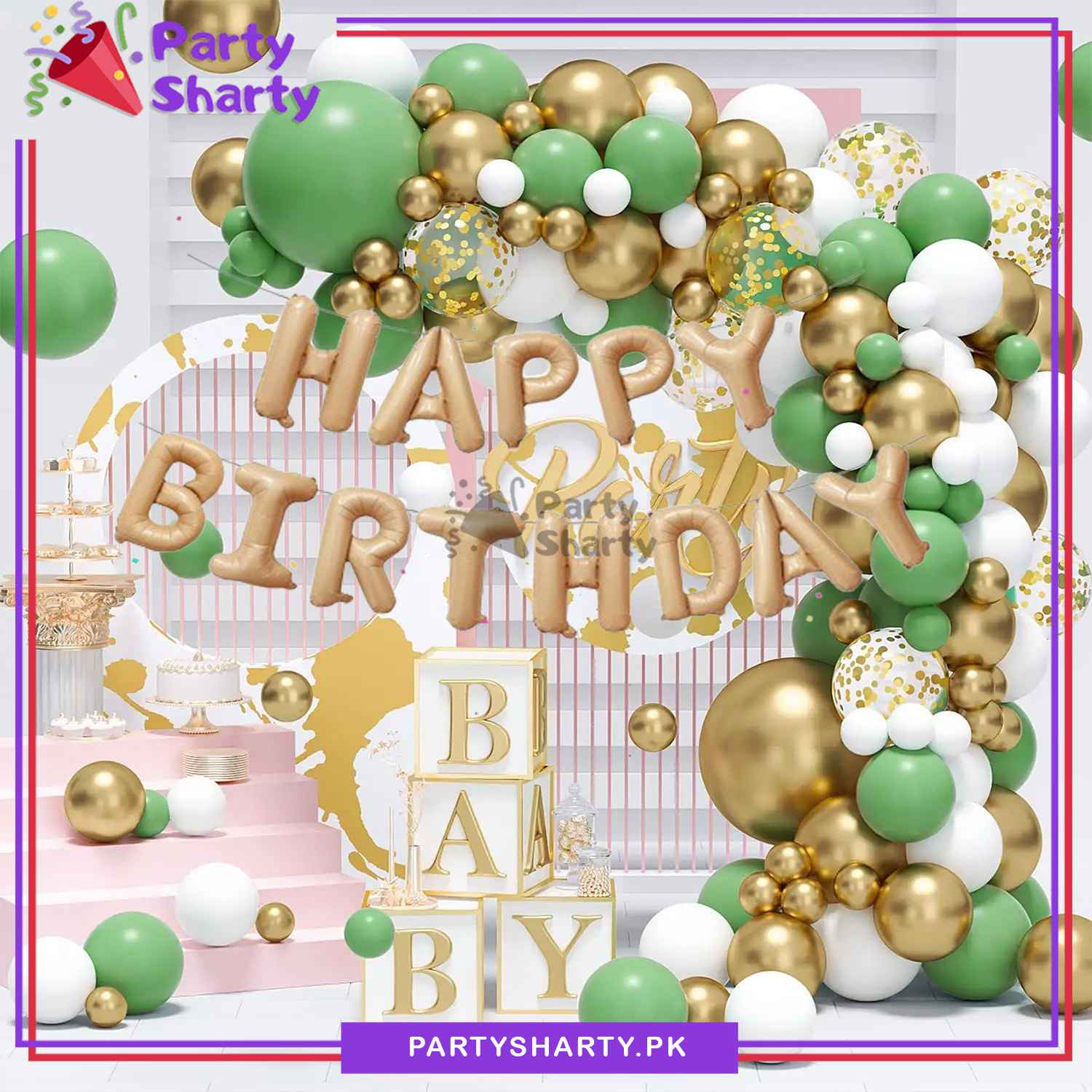 86pcs Happy Birthday Cream with Dark Green, Metallic Golden & White Ba ...