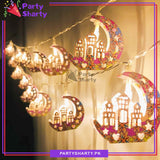 Ramadan Kareem Printed Crescent with Masjid Floral Print Shaped Led Metal String Light For Ramadan Decoration And Celebration