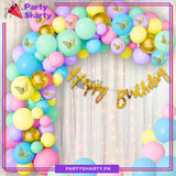 Happy Birthday Golden with Macron Multi Color Balloons Theme Set For Birthday Decoration and Celebrations