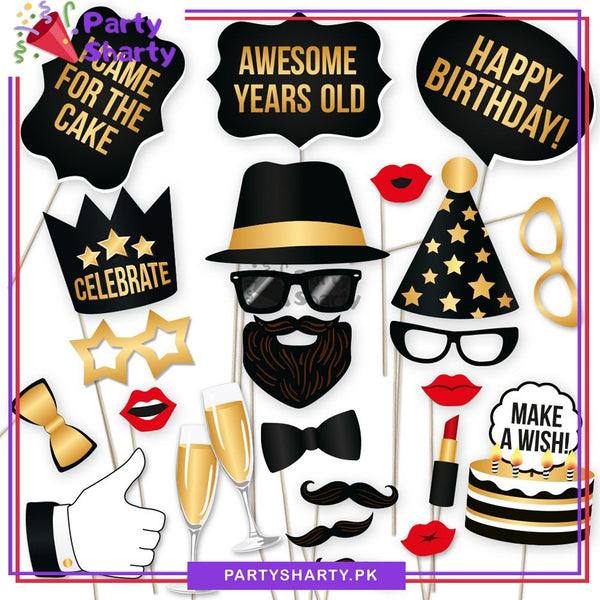 25pcs/Set Happy Birthday Golden & Black Theme Photo Booth Props For Bi ...