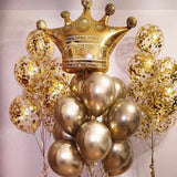 Large Golden Crown Shaped Foil Balloon with Chrome and Confetti Filled Balloons For Royal Theme Birthday Party Decoration